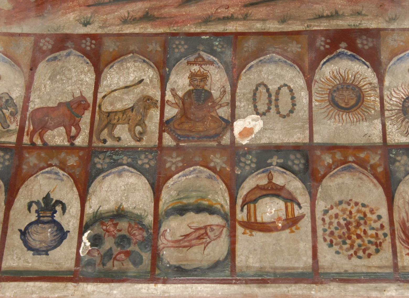 Temple mural panels depicting the auspicious dreams of Queen Trishala — bull, lion, sun, garlands, vessel and fish