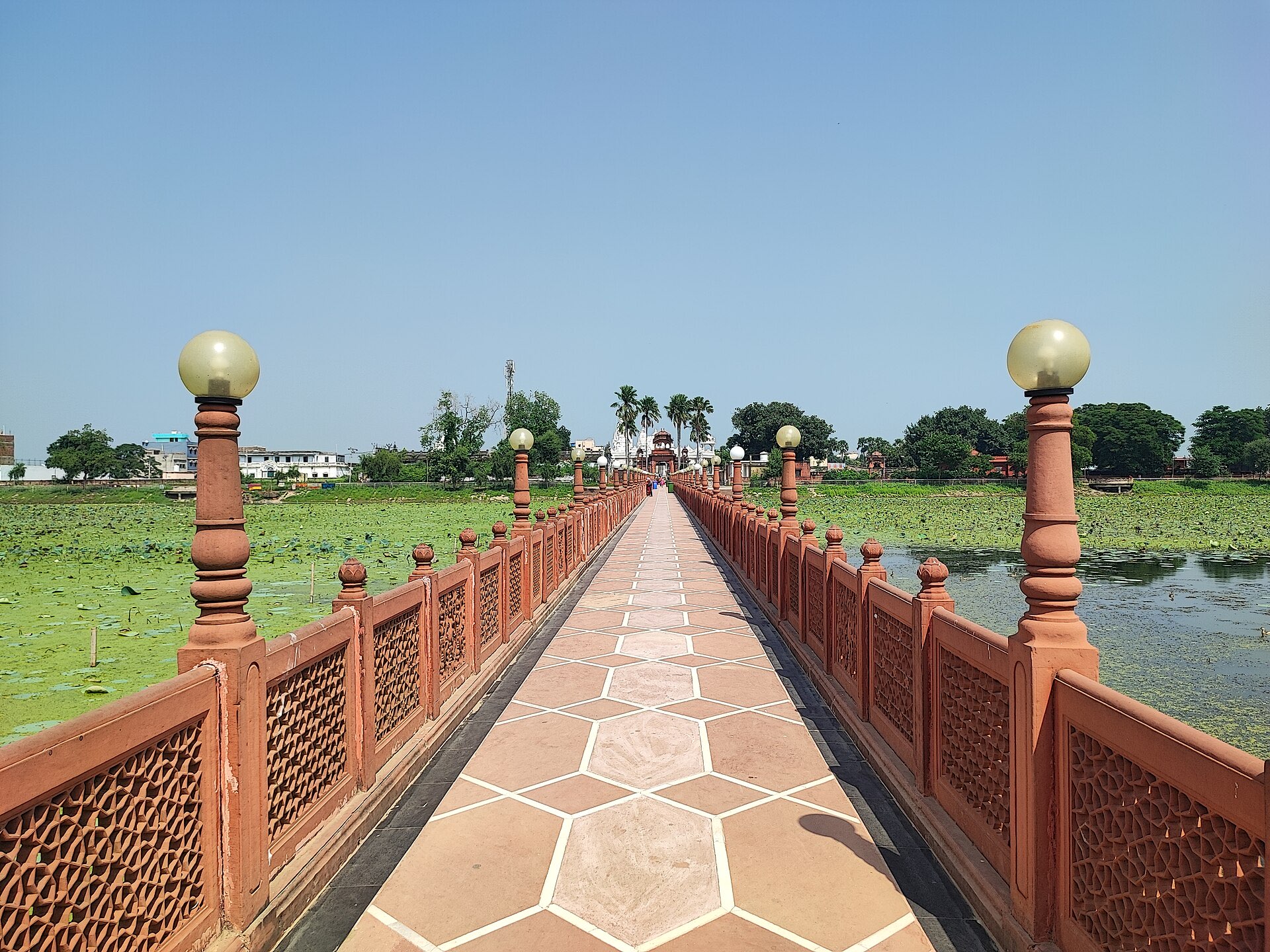 The long red sandstone causeway leading across the lotus lake to the Jal Mandir, Pawapuri