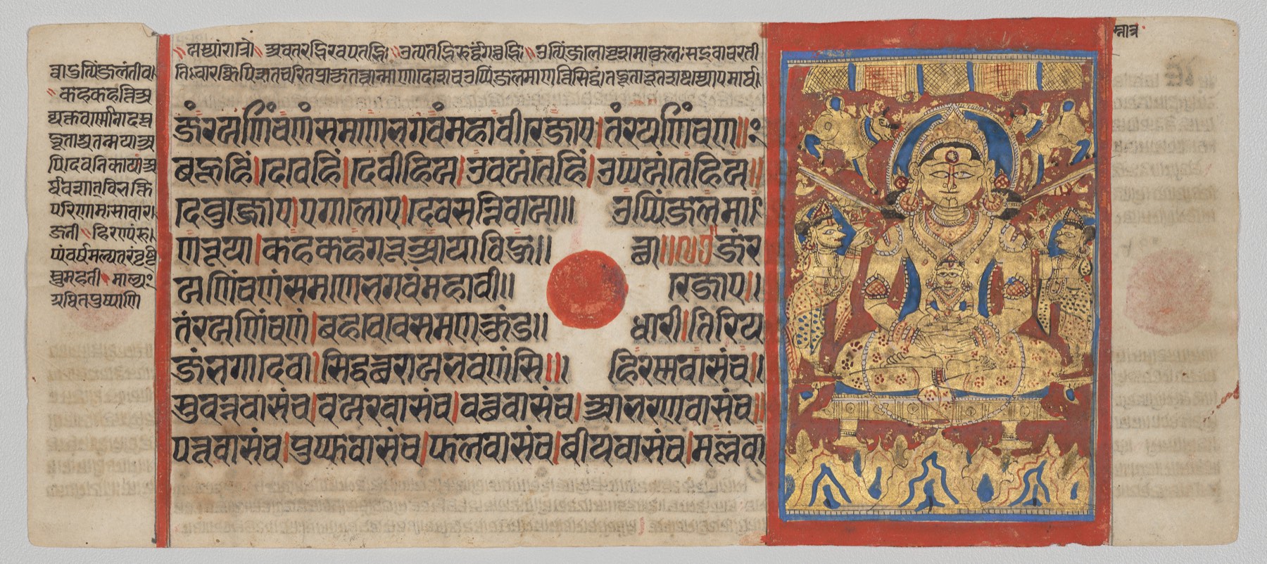 Kalpasutra folio of the ritual bath of the infant Mahaveer, gold and lapis, c. 1475–1500