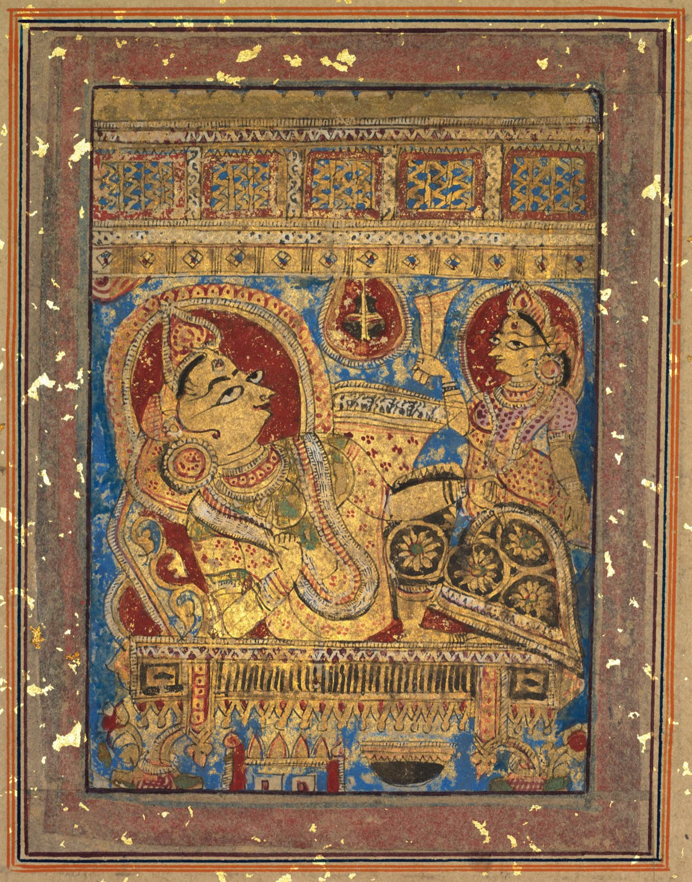 Kalpasutra folio in gold and lapis of Queen Trishala reclining as her auspicious dreams appear, c. 1450–75