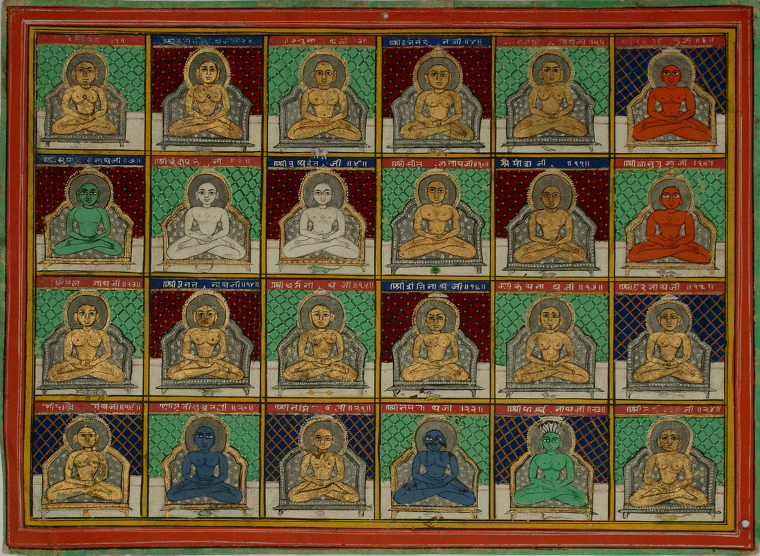 A painting of all twenty-four Tirthankaras seated in rows, each with his own colour